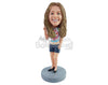 Custom Bobblehead Shy girl making a peace sign with one hand wearing t-shirt and shorts - Leisure & Casual Casual Females Personalized Bobblehead & Action Figure