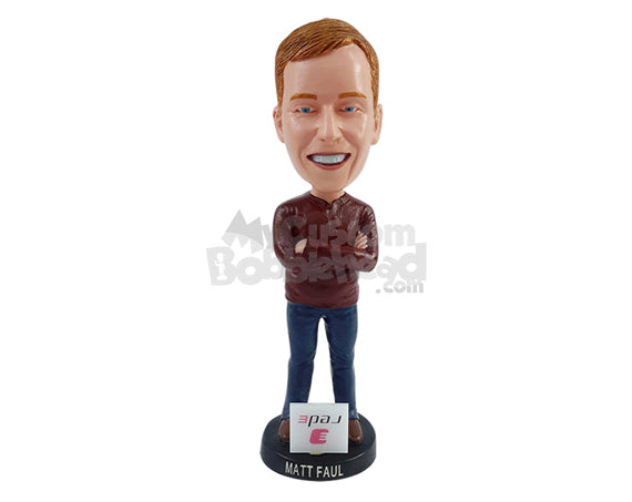Custom Bobblehead happy dude wearing with corssed arms wearing long sleeve t-shirt and jeans - Leisure & Casual Casual Males Personalized Bobblehead & Action Figure
