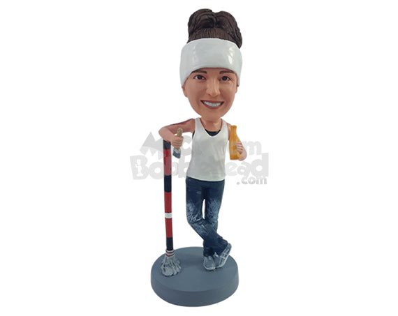 Custom Bobblehead Multitasking woman painting, sweeping and having a nice beer - Leisure & Casual Casual Females Personalized Bobblehead & Action Figure