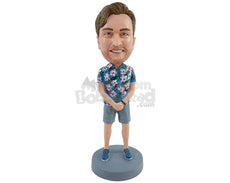 Custom Bobblehead Casual dude with hand in front waring a hawaiian shirt and shots - Leisure & Casual Casual Males Personalized Bobblehead & Action Figure