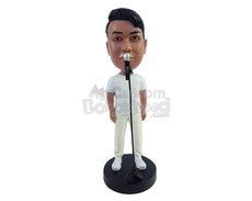 Custom Bobblehead Casual guy singing with on a mic stand wearing clean t-shirt sweatpants and sneakers - Leisure & Casual Casual Males Personalized Bobblehead & Action Figure