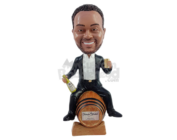 Custom Bobblehead Sommelier tasting a delicious drink on top of a barrel wearng nice suit - Leisure & Casual Casual Males Personalized Bobblehead & Action Figure