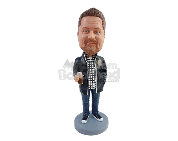 Custom Bobblehead Important casual dude wearing a cool jacket shirt and nce shoes offering a beer mug - Leisure & Casual Casual Males Personalized Bobblehead & Action Figure