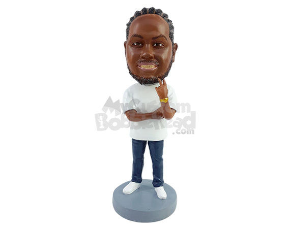 Custom Bobblehead Gangster dude making a peace sign with one hand and the other crossed on a t-shirt - Leisure & Casual Casual Males Personalized Bobblehead & Action Figure