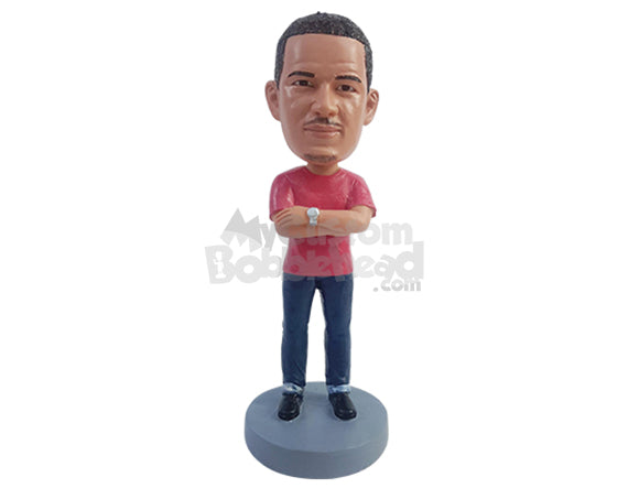 Custom Bobblehead Serous man wth arms crossed wearng smple t-shirt and watch - Leisure & Casual Casual Males Personalized Bobblehead & Action Figure
