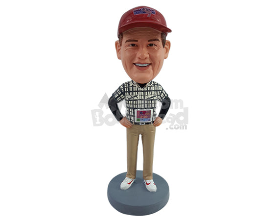 Custom Bobblehead Runner guy wearng shirt and pants and nice sneakers with both hands on hips - Leisure & Casual Casual Males Personalized Bobblehead & Action Figure