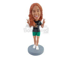 Custom Bobblehead Cool gal makng peace sign wth both hands wearing t-shirt and shorts - Leisure & Casual Casual Females Personalized Bobblehead & Action Figure
