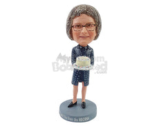Custom Bobblehead Aunty bringing the birthday cake to the party wearing an exuberant dress - Leisure & Casual Casual Males Personalized Bobblehead & Action Figure