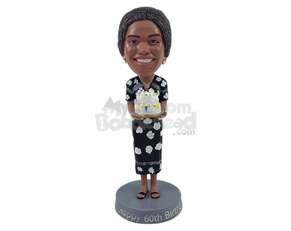 Custom Bobblehead Lovely lady bringing a nice cake for the neighbors wearing an outstanding dress and sandals - Leisure & Casual Casual Females Personalized Bobblehead & Action Figure
