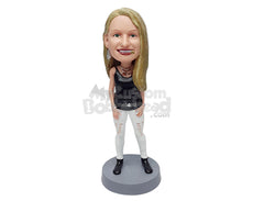 Custom Bobblehead Elegant rocking girl wearing a strap shirt and ripped tight pants  - Leisure & Casual Casual Females Personalized Bobblehead & Action Figure