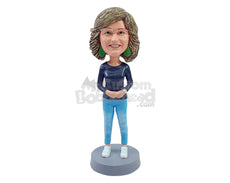 Custom Bobblehead Casual woman wearing a long sleeve round neck t-shirt with jeans and cool sneakers - Leisure & Casual Casual Females Personalized Bobblehead & Action Figure