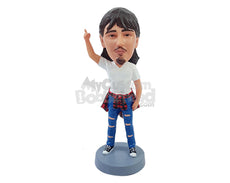 Custom Bobblehead Cool dude pointing up wearing a v-neck t-shirt ripped jeans and a shirt wrapped around the waist - Leisure & Casual Casual Males Personalized Bobblehead & Action Figure