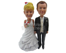 Custom Bobblehead Wedding Couple In Gorgeous Wedding Attire With Bride Holding A Bouquet - Wedding & Couples Bride & Groom Personalized Bobblehead & Cake Topper