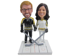 Custom Bobblehead Ice Hockey Loving Couple Ready For Action - Wedding & Couples Couple Personalized Bobblehead & Cake Topper