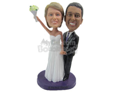 Custom Bobblehead Classy Wedding Couple In Gorgeous Attire With A Bouquet - Wedding & Couples Bride & Groom Personalized Bobblehead & Cake Topper