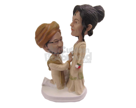 Custom Bobblehead Indian Groom Proposing Beautiful Bride In Traditional Indian Wedding Attire - Wedding & Couples Bride & Groom Personalized Bobblehead & Cake Topper