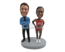 Custom Bobblehead Trainer And Athlete Couple Posing After The Race - Wedding & Couples Couple Personalized Bobblehead & Cake Topper