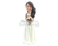 Custom Bobblehead Lovely Bride Wearing Strapless Gown With A Bouquet In Hand - Wedding & Couples Brides Personalized Bobblehead & Cake Topper