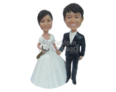 Custom Bobblehead Just Married Couple Wearing Elegant Wedding Outfit - Wedding & Couples Bride & Groom Personalized Bobblehead & Cake Topper