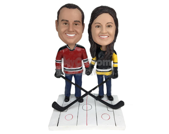 Custom Bobblehead Ice Hockey Couple With Ice Hockey Sticks - Wedding & Couples Couple Personalized Bobblehead & Cake Topper