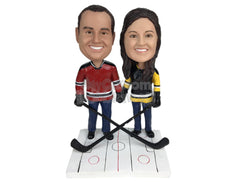 Custom Bobblehead Ice Hockey Couple With Ice Hockey Sticks - Wedding & Couples Couple Personalized Bobblehead & Cake Topper