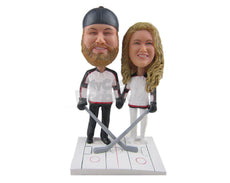 Custom Bobblehead Ice Hockey Fan Couple Wearing Ice Hockey Outfit Ready For A Game - Wedding & Couples Couple Personalized Bobblehead & Cake Topper