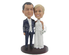 Custom Bobblehead Happily Married Couple In Wedding Attire With A Bouquet In Hand - Wedding & Couples Bride & Groom Personalized Bobblehead & Cake Topper