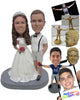 Custom Bobblehead Groom In Shorts And Suspenders And Bride In Wedding Gown - Wedding & Couples Bride & Groom Personalized Bobblehead & Cake Topper