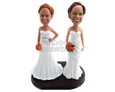 Custom Bobblehead Lesbian Same Sex Couple At Their Wedding Wearing Gowns With Bouquet In Hand - Wedding & Couples Same Sex Personalized Bobblehead & Cake Topper