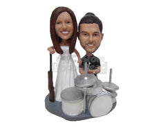 Custom Bobblehead Drummer Groom And Hunter Bride Wedding Couple - Wedding & Couples Couple Personalized Bobblehead & Cake Topper