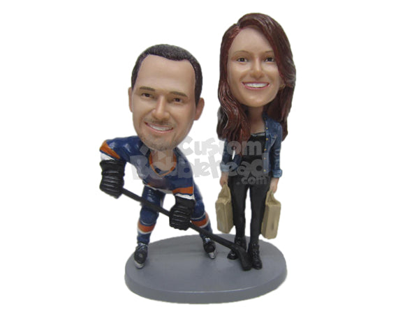 Custom Bobblehead Hockey And Shopping Loving Couple In Sports And Casual Outfits - Wedding & Couples Couple Personalized Bobblehead & Cake Topper