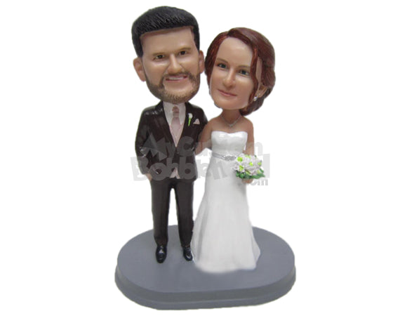Custom Bobblehead Charming Wedding Couple In Wedding Attire With A Bouquet In Hand - Wedding & Couples Bride & Groom Personalized Bobblehead & Cake Topper