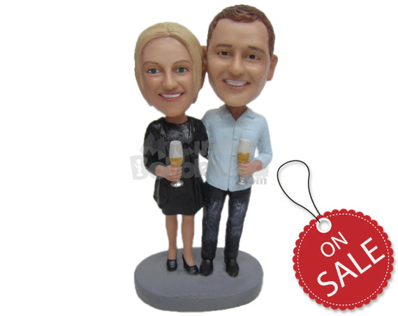 Custom Bobblehead Lovely Couple Wearing Casual Attire Enjoying A Drink - Wedding & Couples Couple Personalized Bobblehead & Cake Topper