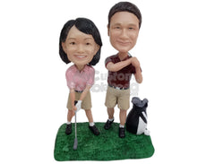 Custom Bobblehead Golfing Couple Holding Golf Clubs Ready To Hit A Hole In One - Wedding & Couples Couple Personalized Bobblehead & Cake Topper