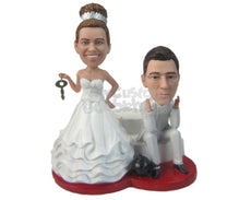 Custom Bobblehead Trapped Groom And Bride Holding The Key To Freedom - Wedding & Couples Bride & Groom Personalized Bobblehead & Cake Topper