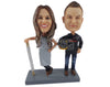 Custom Bobblehead Female Chef Posing With Car Racing Lover Boy - Wedding & Couples Couple Personalized Bobblehead & Cake Topper