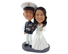 Custom Bobblehead Navy Officer Wearing His Uniform With His Wife Wearing A Beautiful Gown - Wedding & Couples Couple Personalized Bobblehead & Cake Topper