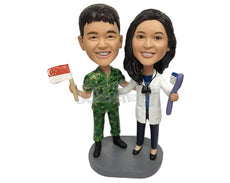 Custom Bobblehead Couple Of A Military Arm Forces And A Dentist. Both Passionate Towards Their Jobs - Wedding & Couples Couple Personalized Bobblehead & Cake Topper