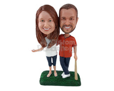 Custom Bobblehead Cozy Couple Standing On Baseball Field Dressed Casually - Wedding & Couples Couple Personalized Bobblehead & Cake Topper