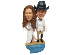 Custom Bobblehead Couple On The Beach With Man Dressed As A Pirate - Wedding & Couples Couple Personalized Bobblehead & Cake Topper