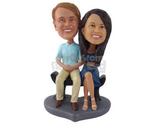 Custom Bobblehead Couple Sitting On The Bench Wearing Casual Clothes - Wedding & Couples Couple Personalized Bobblehead & Cake Topper