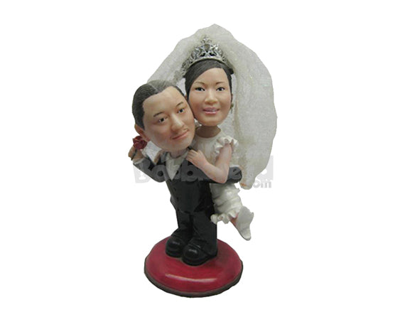 Custom Bobblehead Groom Carrying Bride Wedding Couple In Bridal Attire - Wedding & Couples Bride & Groom Personalized Bobblehead & Cake Topper