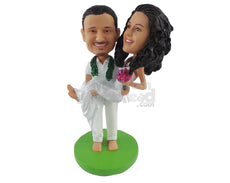 Custom Bobblehead Man Holding His Partner In His Hands With Both Dressed Casually - Wedding & Couples Couple Personalized Bobblehead & Cake Topper