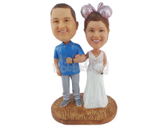 Custom Bobblehead Casually Dressed Couple With Woman Wearing Ribbons - Wedding & Couples Couple Personalized Bobblehead & Cake Topper