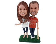 Custom Bobblehead Baseball Fan Couple With The Man Leaning Onto The Bat And Woman Holding The Ball - Wedding & Couples Couple Personalized Bobblehead & Cake Topper