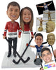 Custom Bobblehead Ice Hockey Couple With Their Sticks And Jersey'S Embedded To Their Fancy Gown And Suit - Wedding & Couples Couple Personalized Bobblehead & Cake Topper