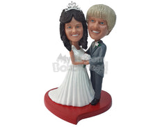 Custom Bobblehead Beautifully Just Married Couple With The Woman In Beautiful Gown And A Tiara - Wedding & Couples Bride & Groom Personalized Bobblehead & Cake Topper