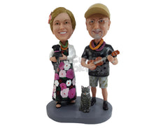 Custom Bobblehead Couple With The Guy Holding A Guitar And Woman Holding A Cat - Wedding & Couples Couple Personalized Bobblehead & Cake Topper
