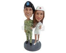 Custom Bobblehead Couple Dressed In Their Professions, The Woman A Nurse And The Guy A Military Arm Forces - Wedding & Couples Couple Personalized Bobblehead & Cake Topper