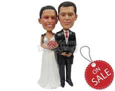 Custom Bobblehead Newly Married Wedding Couple With The Bride Holding A Bouquet - Wedding & Couples Bride & Groom Personalized Bobblehead & Cake Topper